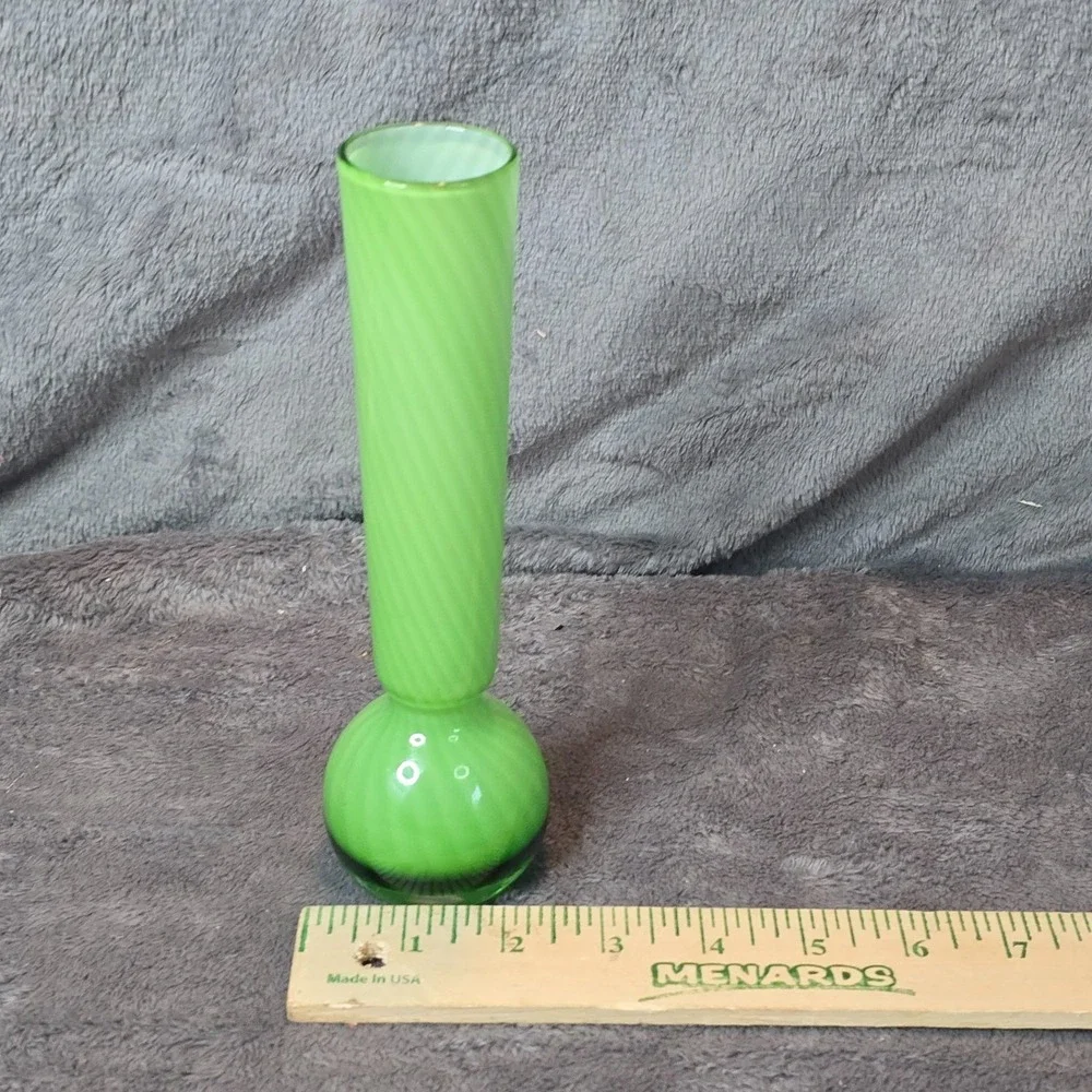 Vintage Green Cased Glass Bud Vase Swirl Stripe Satin Bulbous Base Empoli Style